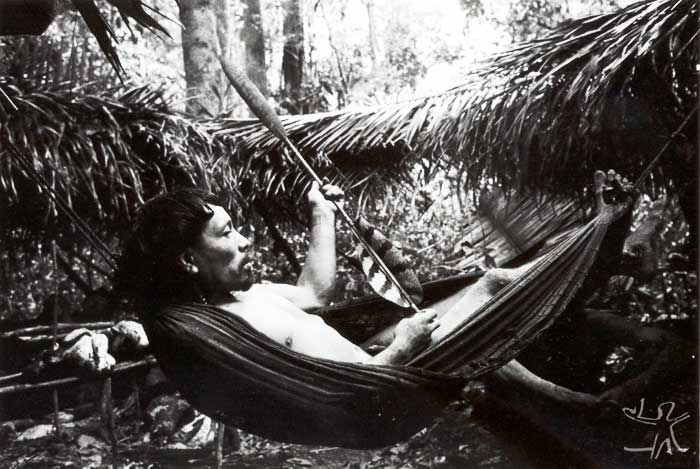 Flecha grossa para caça, com ponta de taquaruçu (Guadua sp.) e emplumada com penas caudais de gavião-real. Foto: Eduardo Viveiros de Castro, 1981.