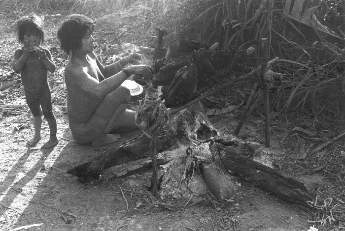 Mulher Cinta Larga moqueando porco do mato(caititu). Foto: Kim-Ir-Sen, 1981.