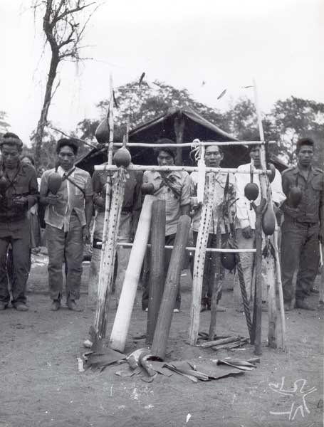 Festa Avati Kyry - Batismo do milho entre os Kaiowa na aldeia Takwapiry. À frente, os instrumentos femininos takuapu e os mbaraka masculinos. Foto: Rubem T. de Almeida, 1978.