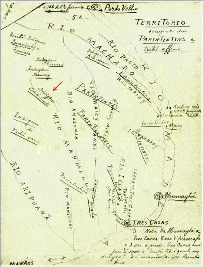 Mapa da década de 30 localizando os Jiahui (Indigeni Odia hueb), presente em obra de Vitor Hugo de 1959, em que o Norte está voltado para baixo. Anotação vermelha de Edmundo Peggion.