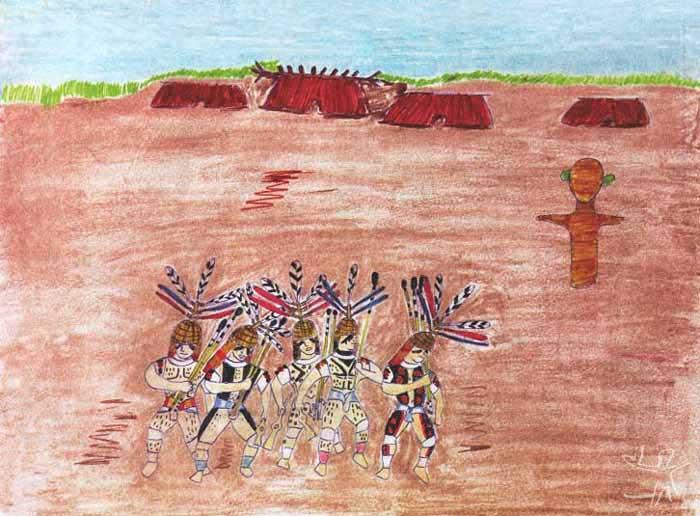 Festa do Jawari, introduzida pelos Trumai no Alto Xingu. Desenho: Takap Pi'yu Trumai Kaiabi, 2000