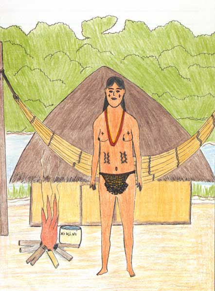 Mulher com tanga tradicional utilizada na época dos primeiros contatos com os brancos. Desenho: Iarymaky, 1999.