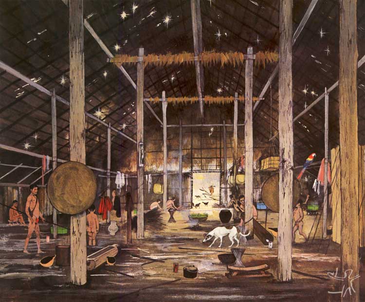 Cena cotidiana no interior de uma maloca. Ilustração de Maurice Wilson, presente em livro de Hugh-Jones, 1978
