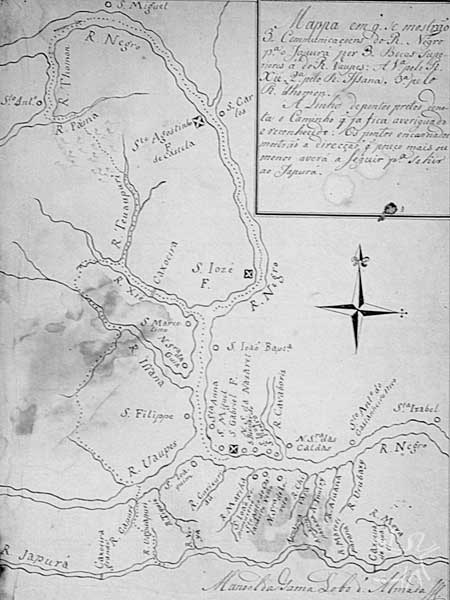Mapa da região do Alto do Rio Negro elaborado por Manuel da Gama Lobo d' Almada, governador do Rio Negro, onde permaneceu entre 1784 e 1795. Realizou diversas expedições por esse rio e afluentes, em especial o Rio Branco, devido aos conflitos de fronteira