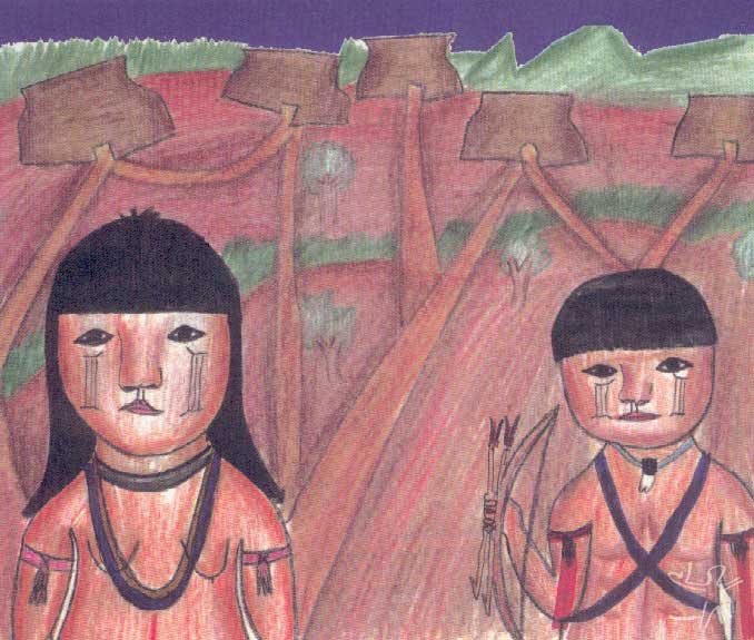 Representação de crianças com a pintura e paramentos ikpeng. Desenho: Opote e Maiua Ikpeng, 2001.