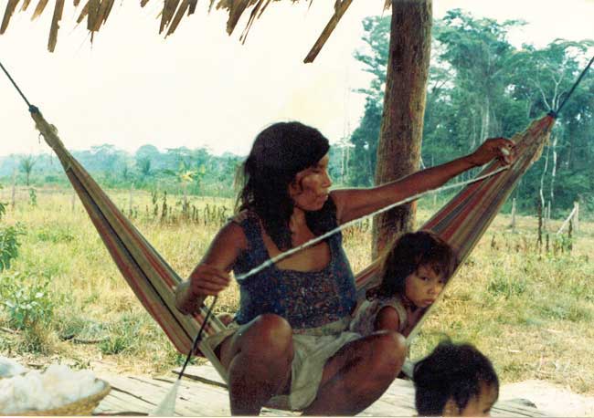 Mulher kulina com algodão que ela processou. Foto: Domingos Silva, 1999.