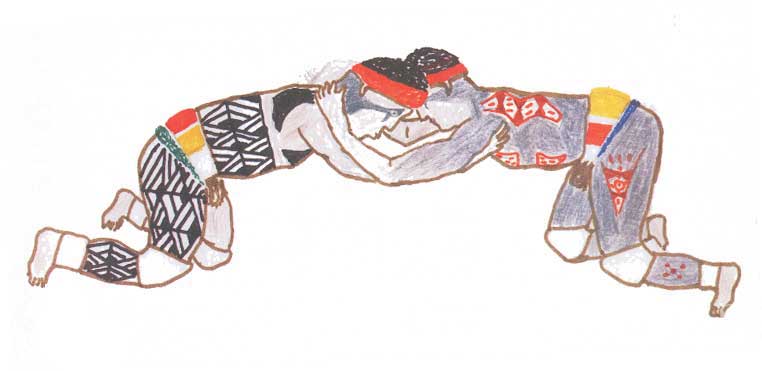 Homens lutando huka-huka. Desenho: Sepé Kuikuro, 1997.