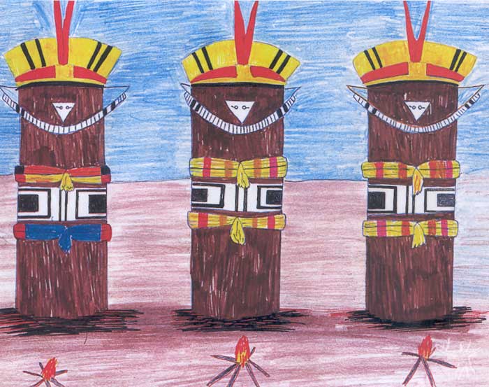 Troncos de Kwarup. Desenho: Aisanain Paltu Kamaiurá, 1998