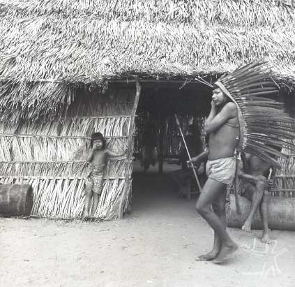 Rapaz Ramkokamekrá da aldeia Escalvado. Ele canta ao redor da aldeia com cocar com penas de arara. Foto: Willian Crocker, 1969.