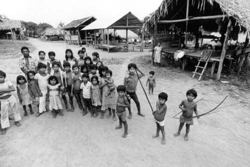 Os Palikur (AP) também são da família aruaque. Suas aldeias são construídas voltadas para o rio. A maior delas, Kumenê, tem suas casas dispostas em duas ruas paralelas. Foto: Vincent Carelli, 1982.