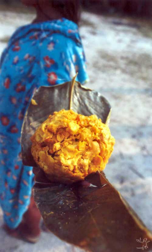 Assa de pequi nas mãos de uma índia kalapalo. Foto: Beto Ricardo, 2002.