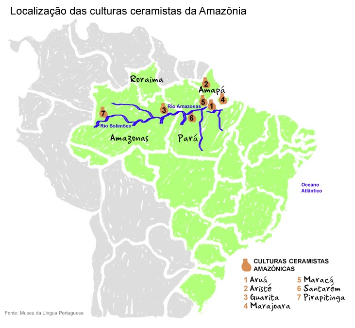 Localização das culturas ceramistas da Amazônia. Fonte: Museu da Língua Portuguesa.