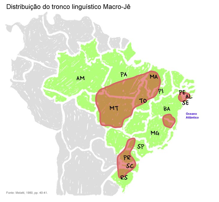 Distribuição do tronco linguístico Macro-Jê. Fonte: Melatti, 1980 pp. 40-41