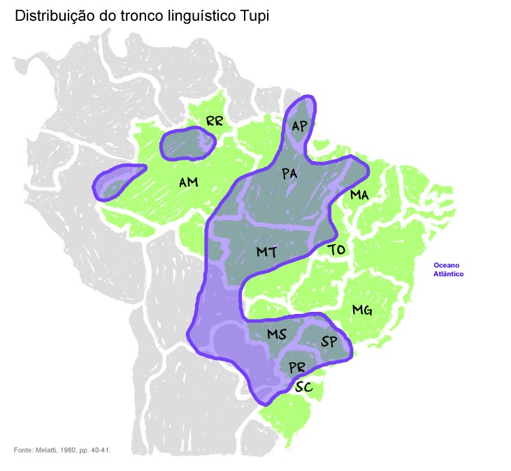 Distribuição do tronco linguístico Tupi. Fonte: Melatti, 1980 pp. 40-41 