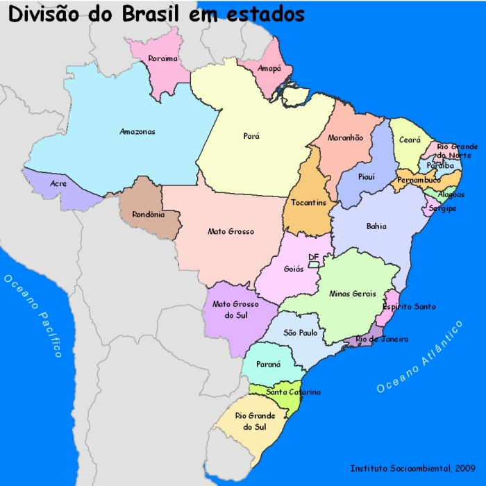 Divisão do Brasil em estados. Instituto Socioambiental, 2009.