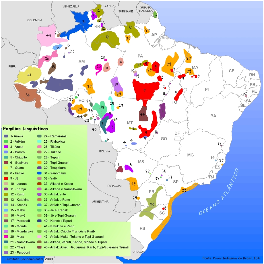 Línguas indígenas faladas atualmente no Brasil. Fonte: Instituto Socioambiental, 2009. 