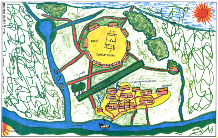 Aldeia Ikpeng. Desenho de Napikü Ikpeng. Fonte: Geografia Indígena, 1996. ISA/MEC/PNUD.