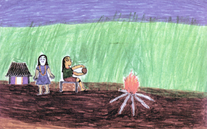 Desenho de Moreajup Kaiabi. Fonte: Aprendendo Português nas escolas do Xingu (livro 2). Instituto Socioambiental (ISA), Associação Terra Indígena do Xingu (ATIX), 2005.