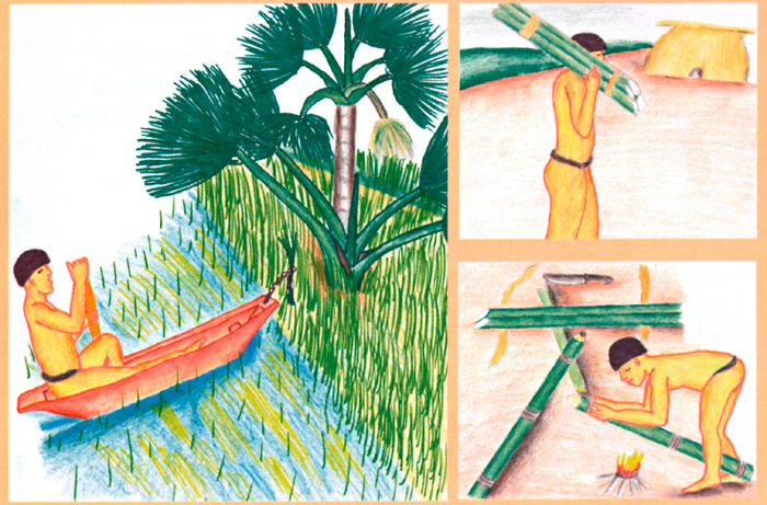 Homem em busca de ramos de buriti para fazer flautas. Desenhos de Maiua Ikpeng. Fonte: Ecologia, Economia e Cultura (livro 1). Instituto Socioambiental (ISA), Associação Terra Indígena do Xingu (ATIX), 2005.