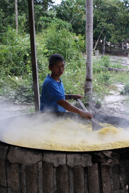 Jovem fazendo farinha, aldeia Terra Nova. Foto: Oiara Bonilla/Opan, 2011.