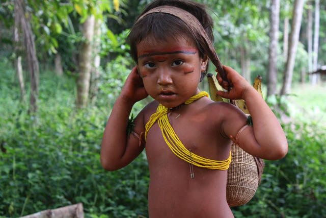 Katia carregando seu pequeno wii a (cesto), na aldeia Watoriki, da Terra Indígena Yanomami(AM). Ana Maria A. Machado